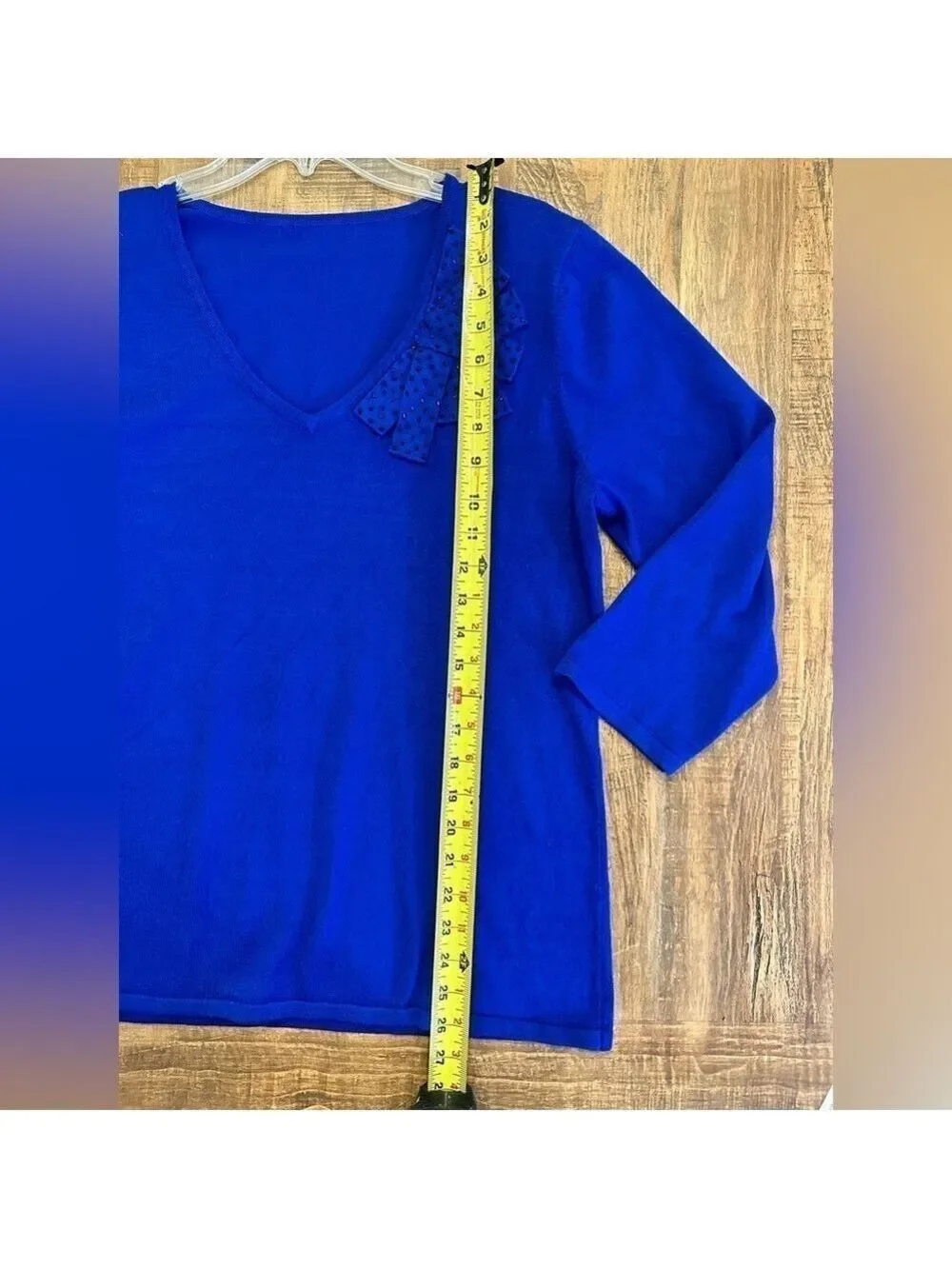 Blue Scooped V neck 3/4 Sleeve Sweater Beaded appliqué type design front left